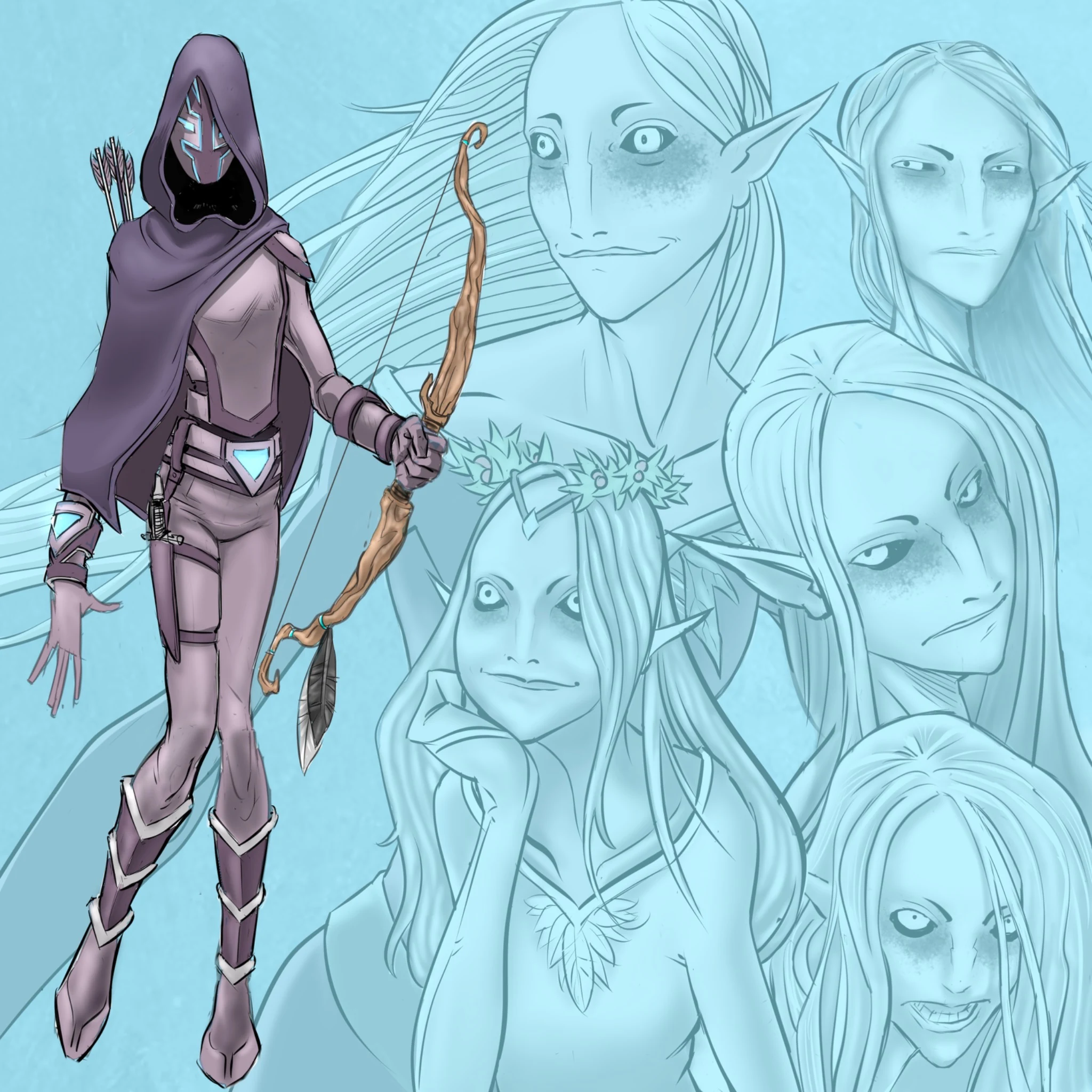 Astrid in armor beside studies of her shifting faces