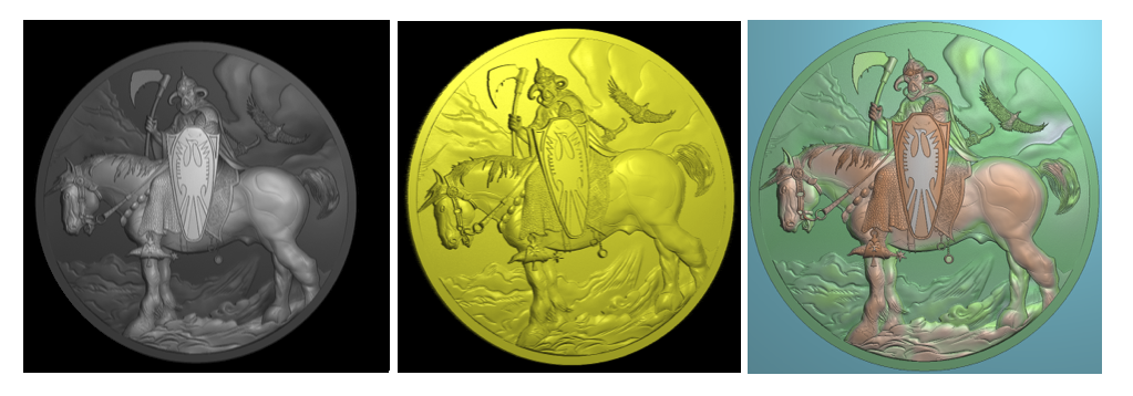 Factory review sequence showing gray, yellow, and green Death Dealer relief renders