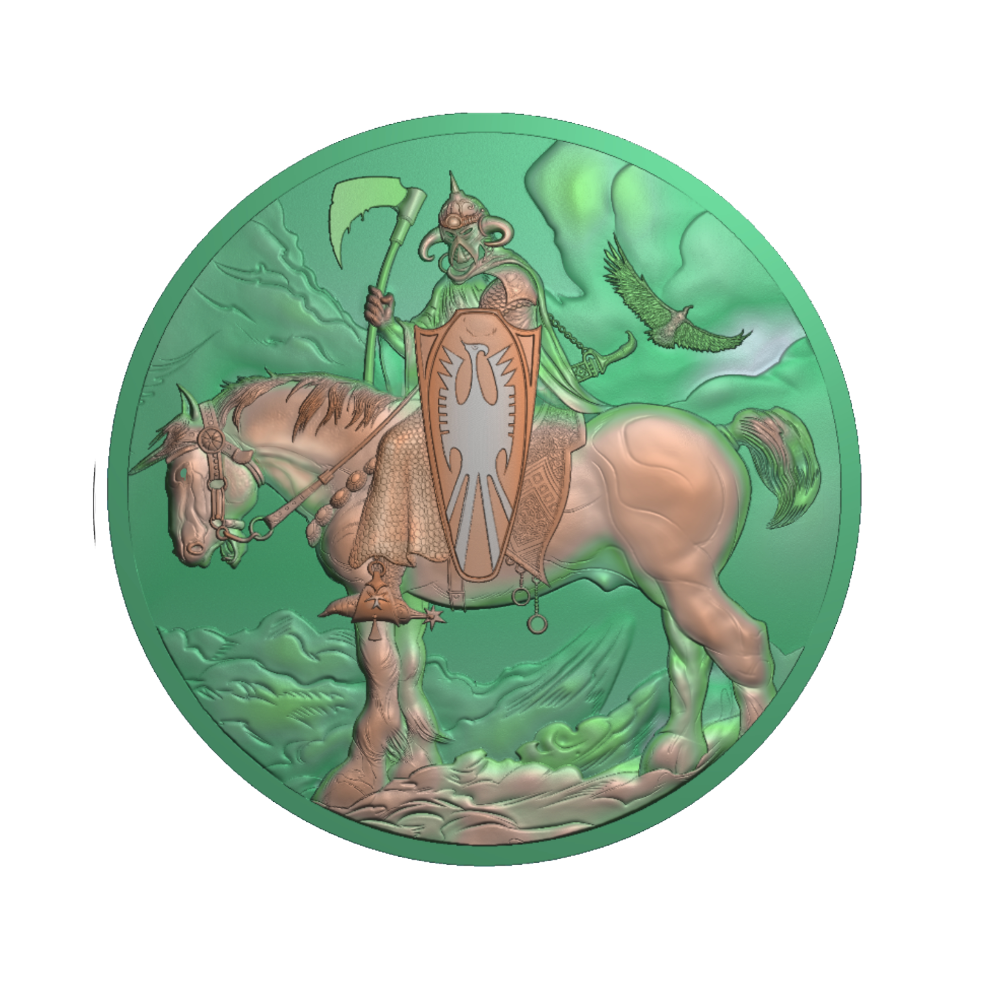 Green factory relief render of the Death Dealer coin