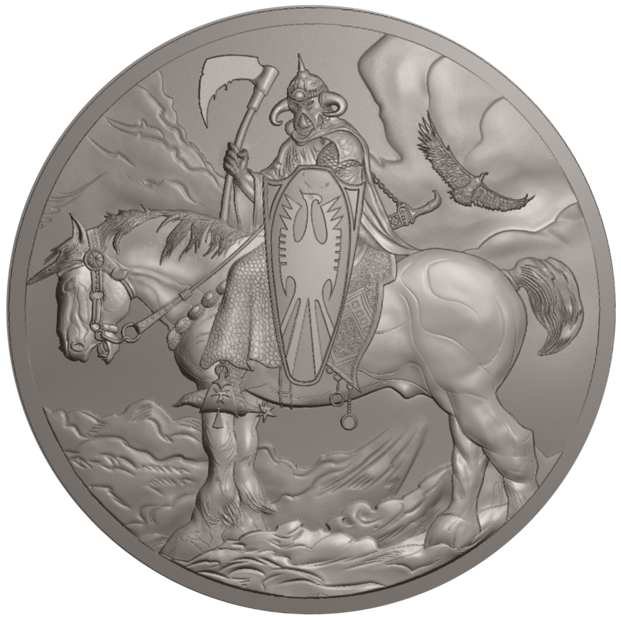 Silver final mesh render of the Death Dealer coin