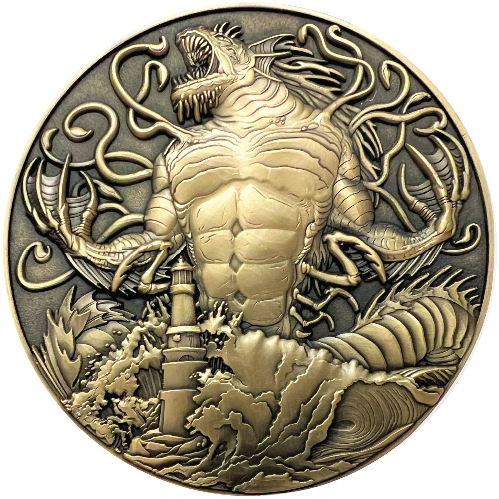 Dagon finished coin front rising from the sea