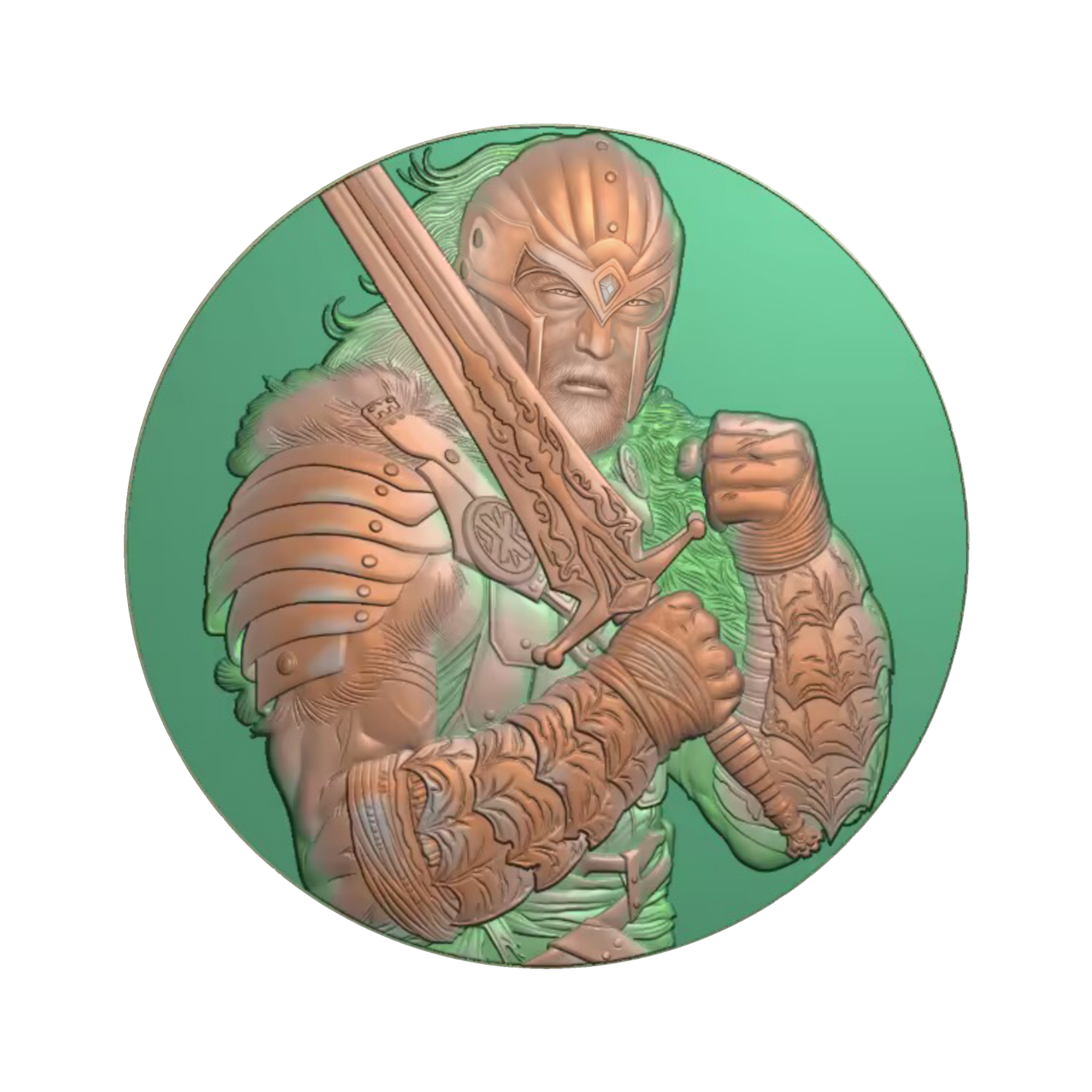 Finished male fighter coin art showing the transition from drawing to sculptural form