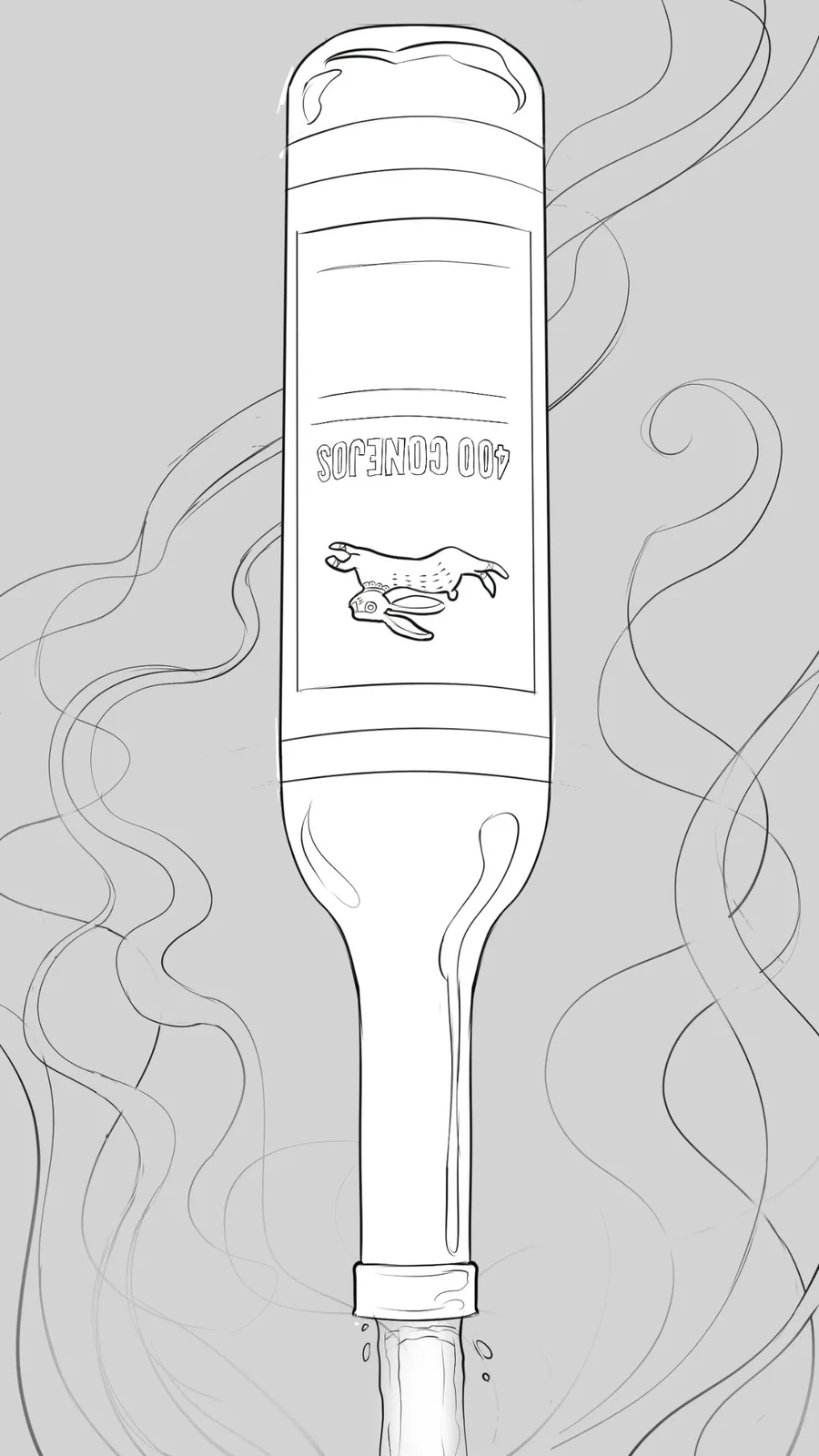 Upside-down 400 Conejos bottle floating through smoke