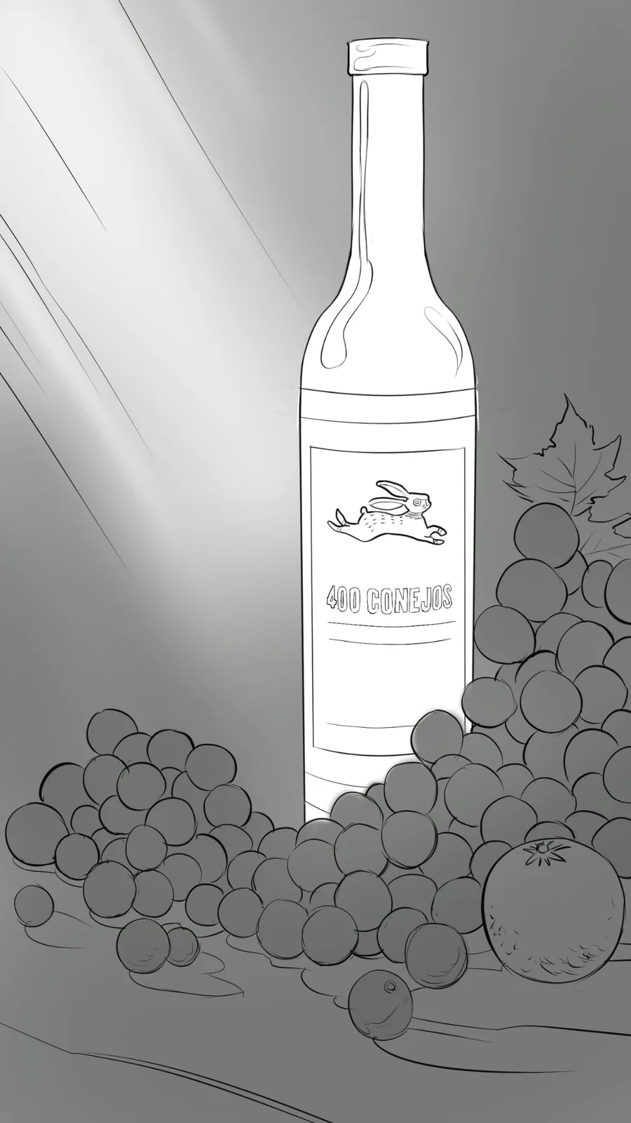 400 Conejos bottle staged with fruit in a dark storyboard scene
