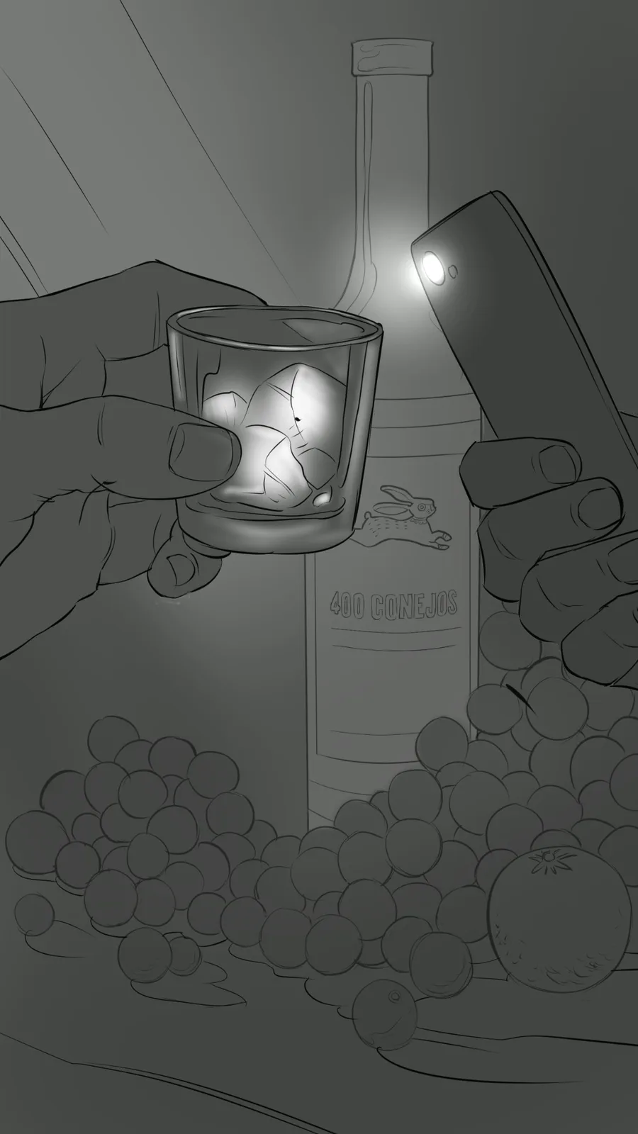 Phone flashlight revealing ice in a cocktail glass