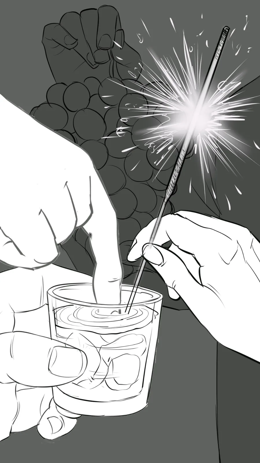 Sparkler and hands creating a mischievous cocktail moment