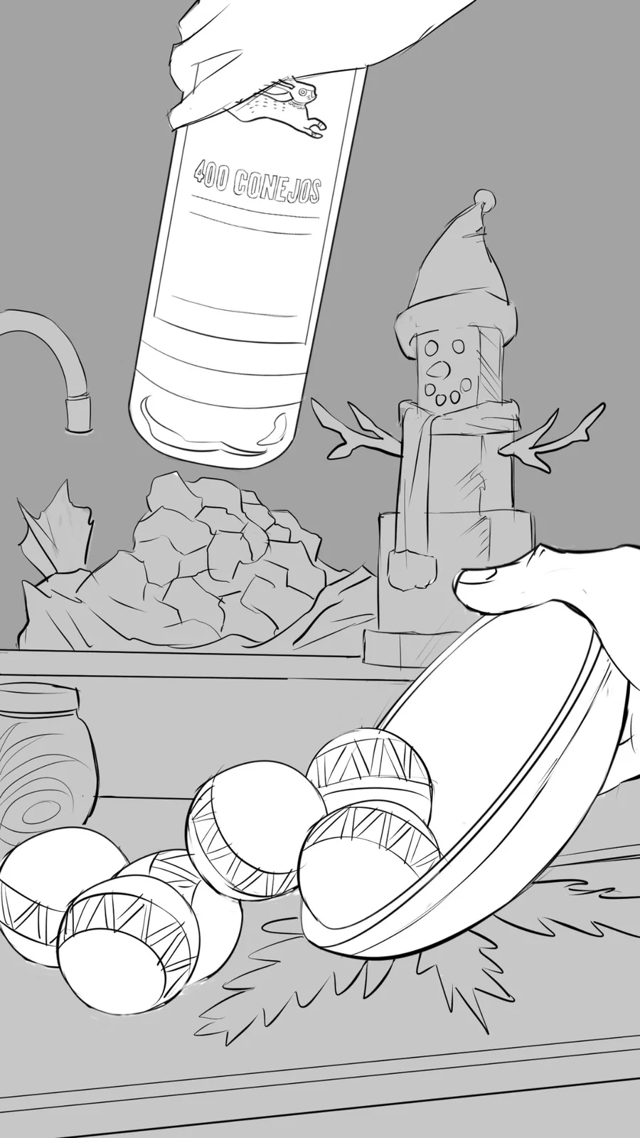 400 Conejos bottle lifted from a chaotic frozen holiday setup