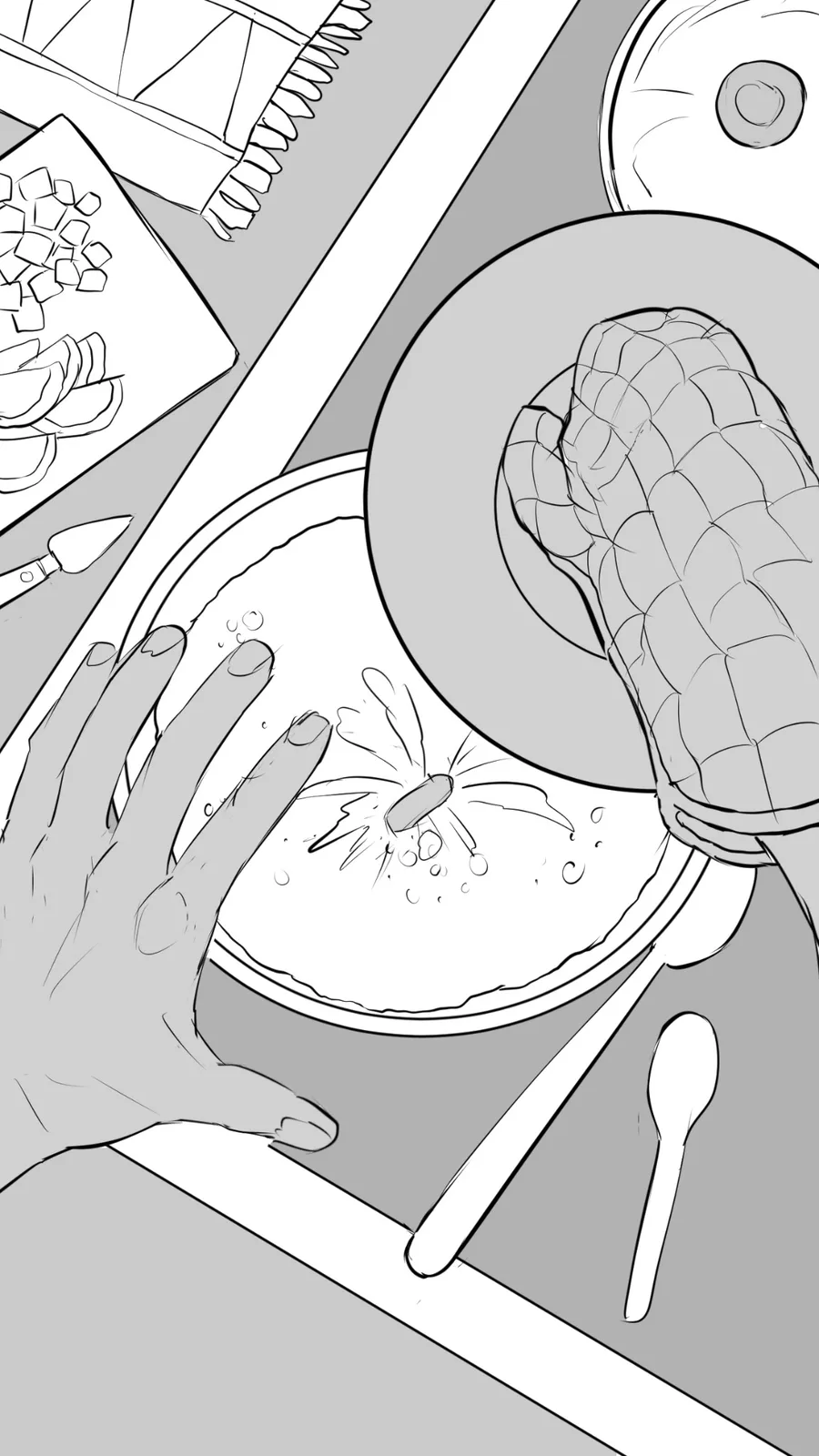 Hot cocktail ingredients thrown into a pot in an overhead storyboard frame
