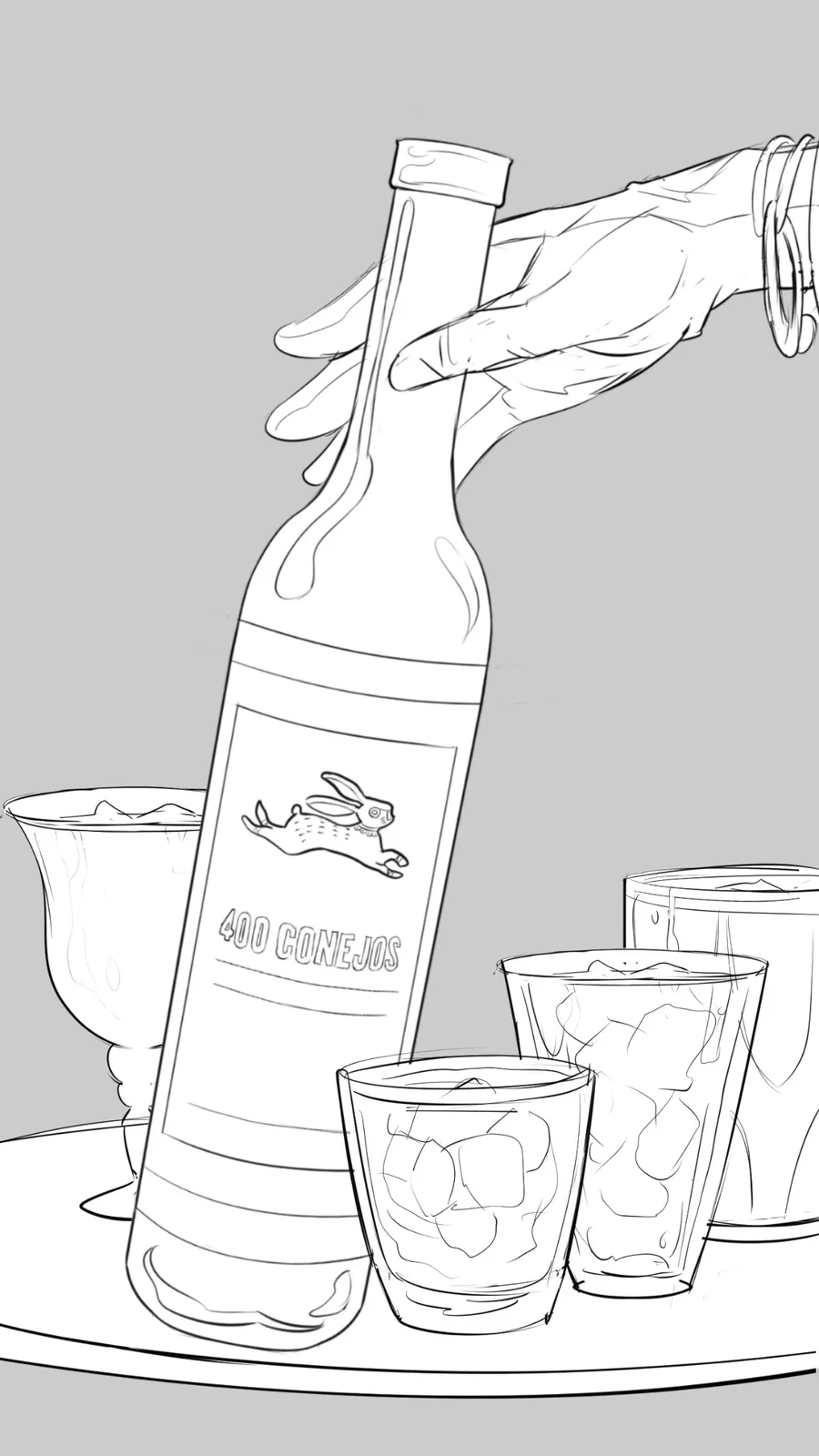 A hand stealing a 400 Conejos bottle from a serving tray