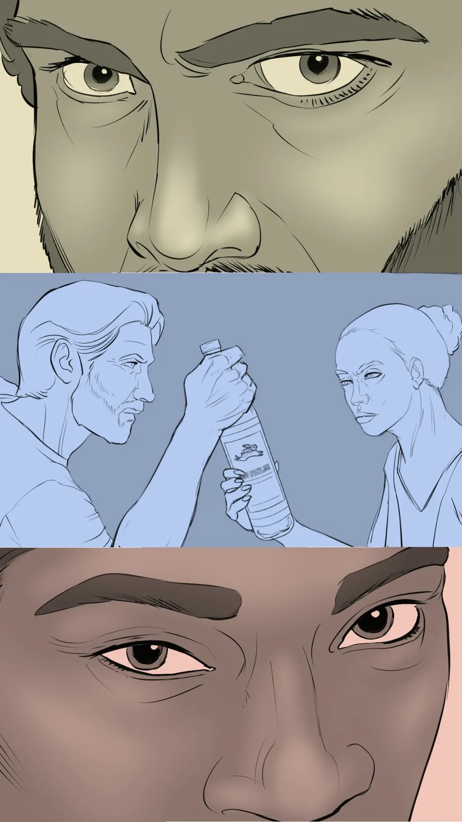 Split-screen storyboard of people eyeing and fighting over a 400 Conejos bottle
