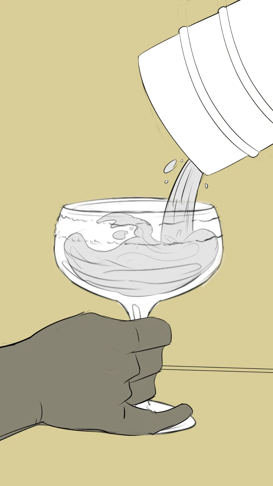 Cocktail being poured between partners in a tinted storyboard frame
