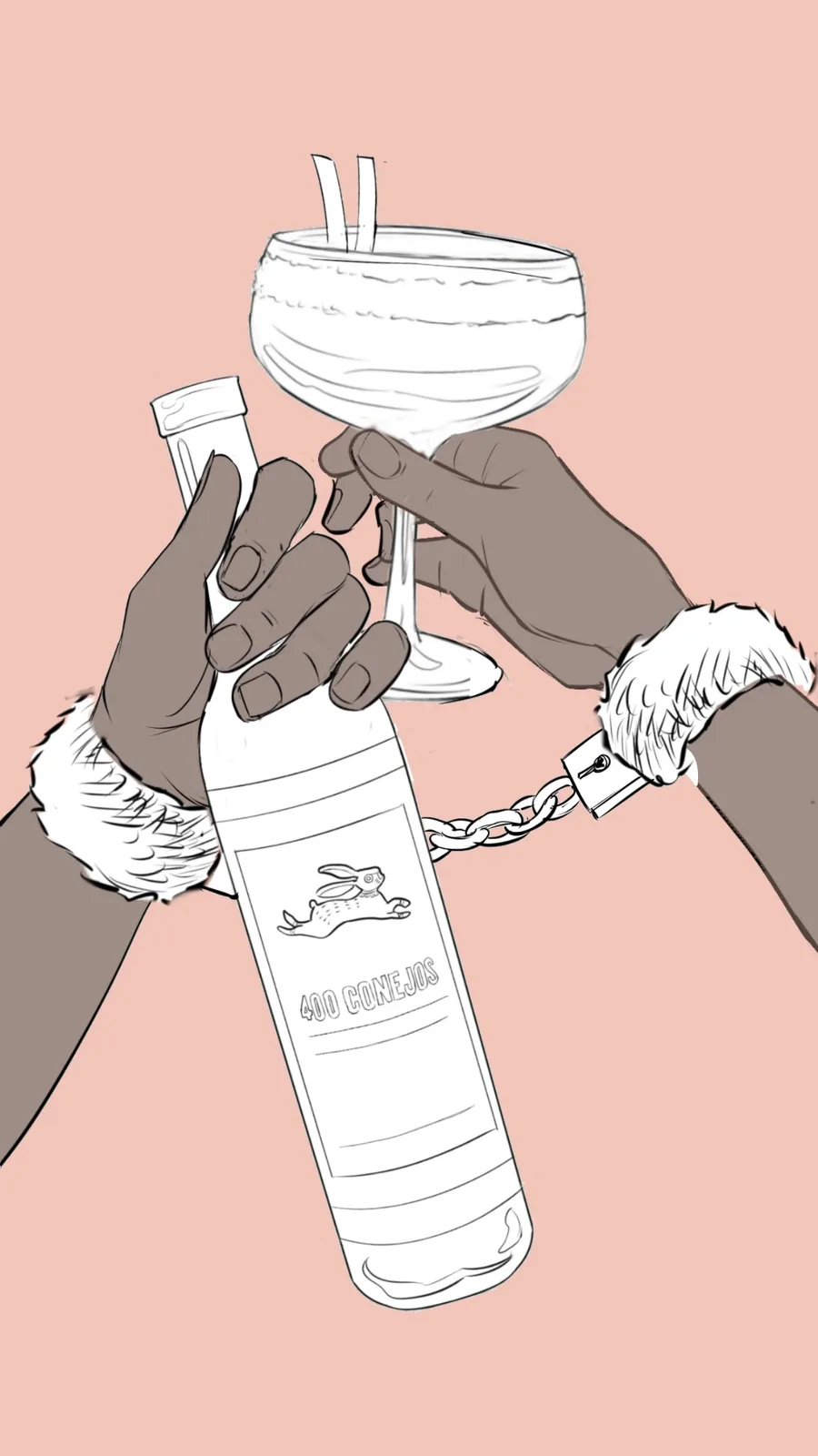 Fuzzy handcuffed wrists holding a 400 Conejos bottle and cocktail