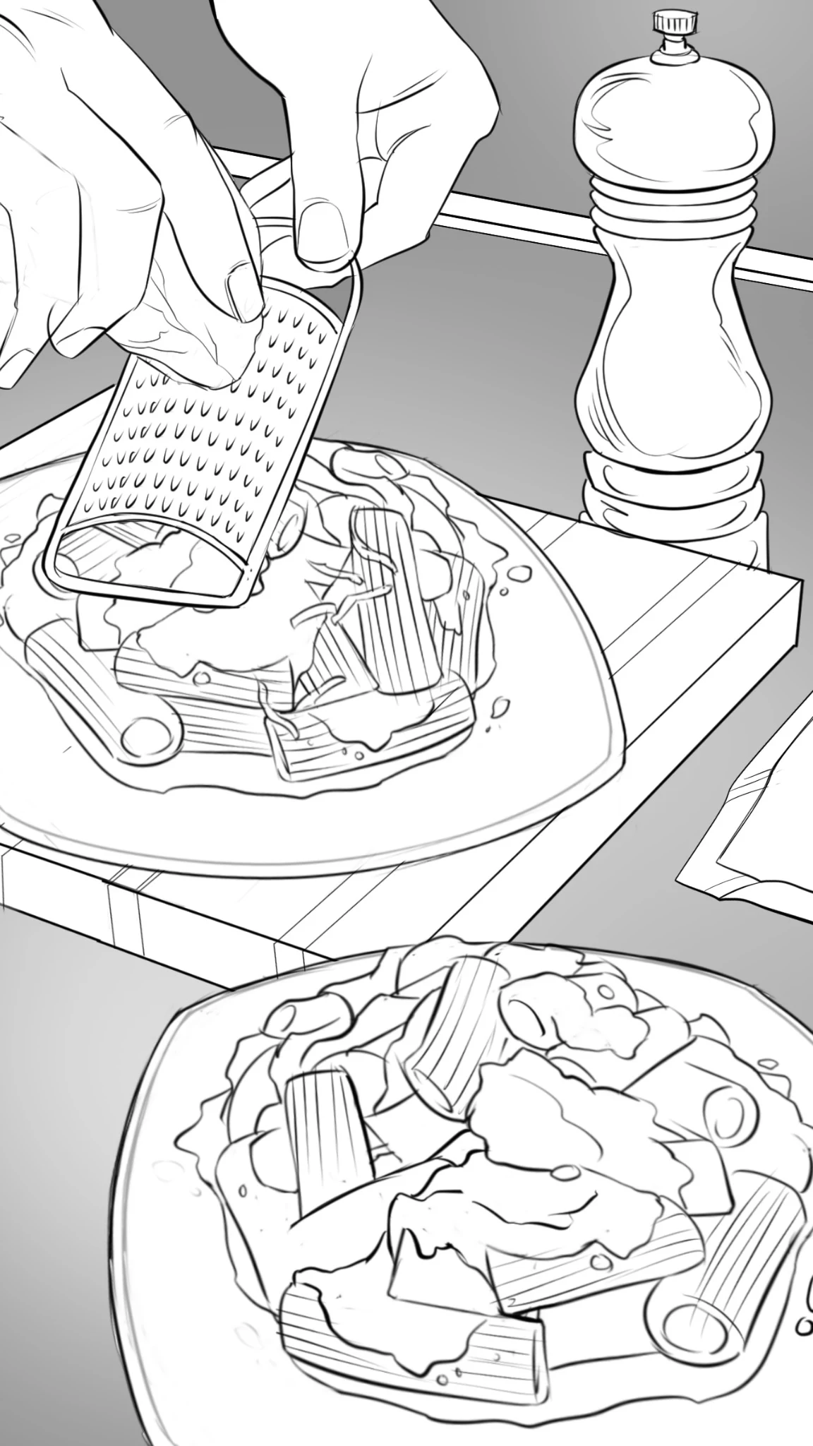 Storyboard frame of cheese being grated over plated Barilla pasta