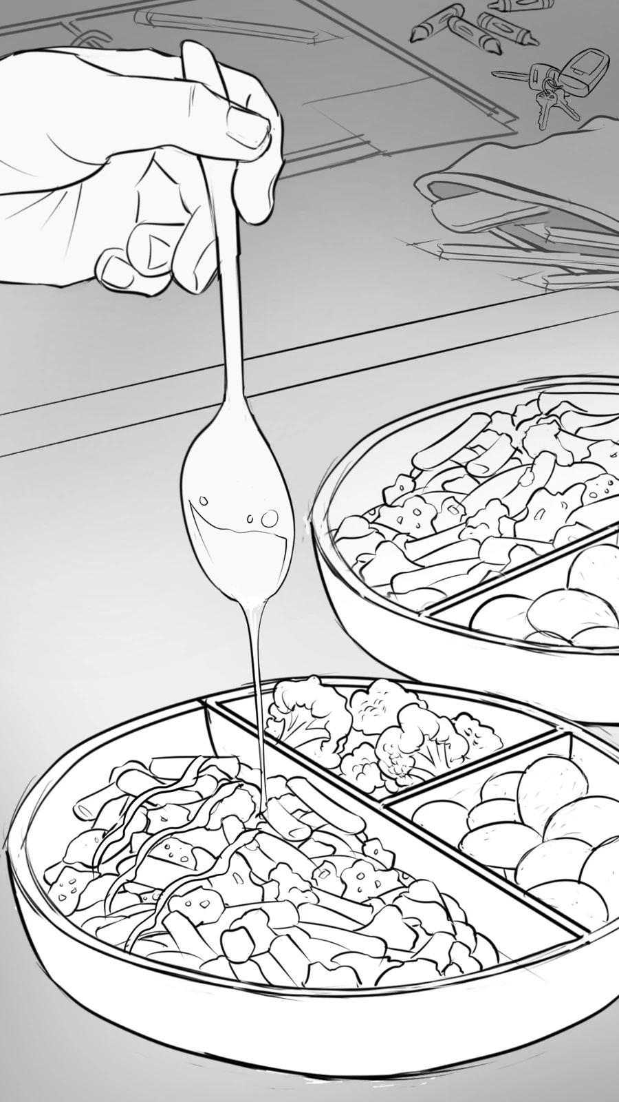 Close storyboard composition of dressing being drizzled over a prepared dish