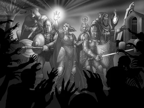 An adventuring party confronting undead enemies in a graveyard