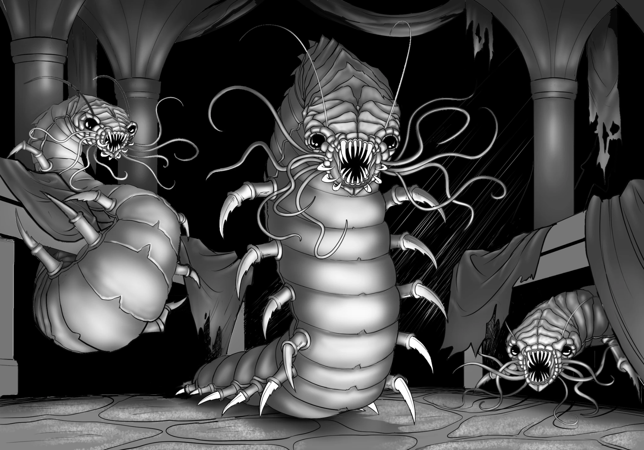 Three monstrous wormlike creatures in a ruined interior