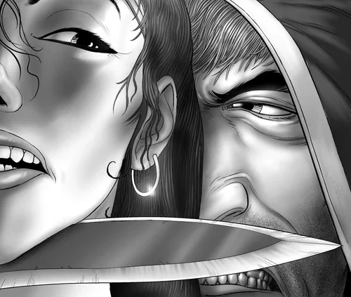 A close-up of a hooded rogue holding a knife near a woman's throat