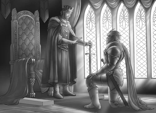 A king presenting a sword to a kneeling knight