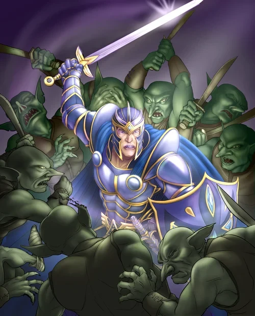 Alternate Dungeon Raid cover featuring a paladin surrounded by goblins