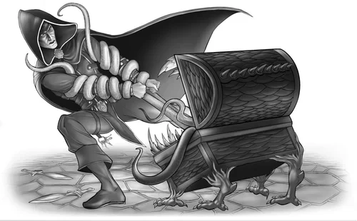 A hooded rogue struggling with a mimic chest monster