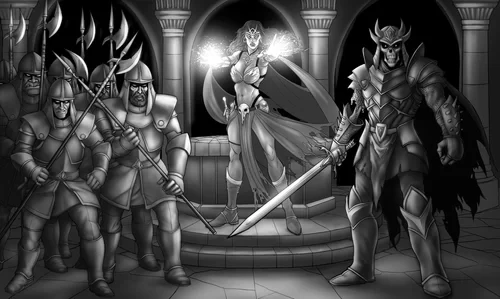 Armored soldiers and a dark fantasy antagonist in a throne room