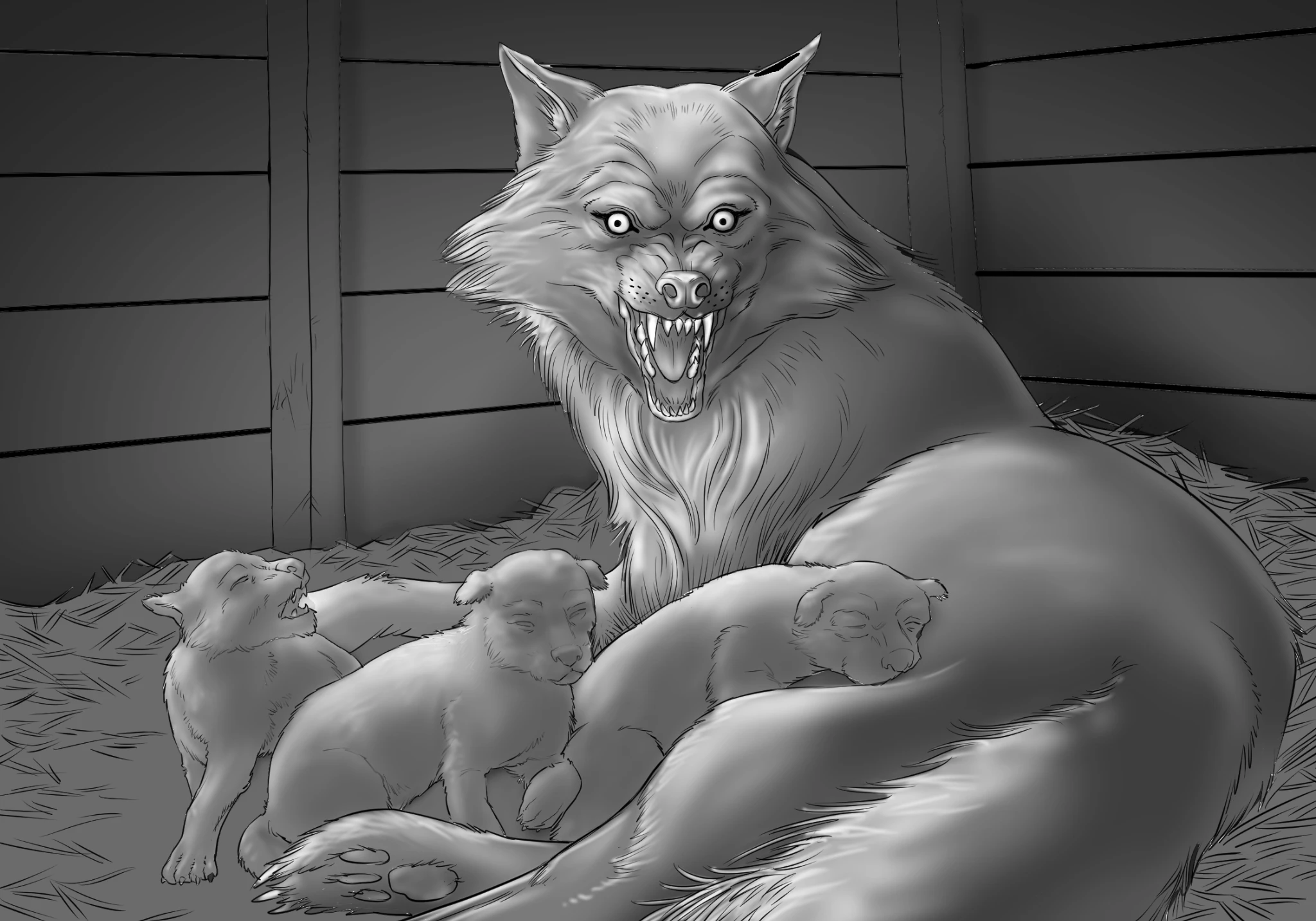 A snarling wolf protecting pups in a den