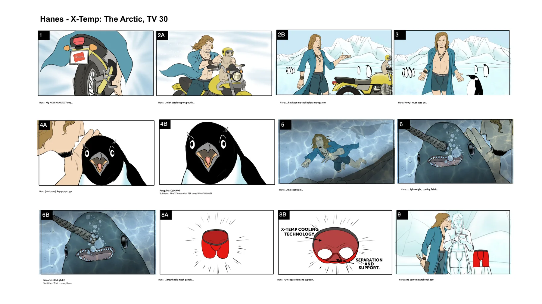 Color storyboard for the Hanes X-Temp Arctic thirty-second commercial