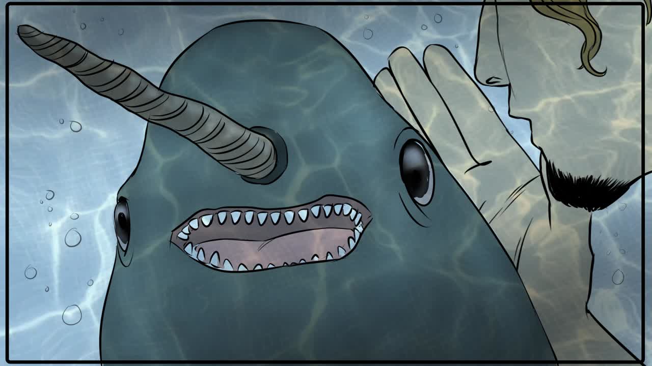 Hans whispering to a narwhal in the Arctic animatic