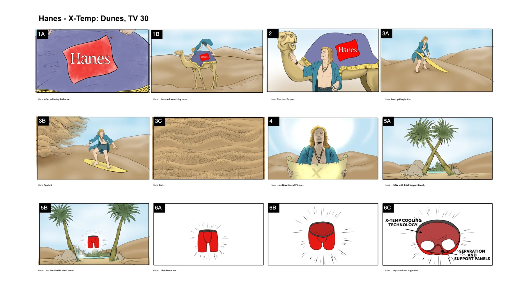 First half of the color storyboard for the Hanes X-Temp Dunes thirty-second commercial
