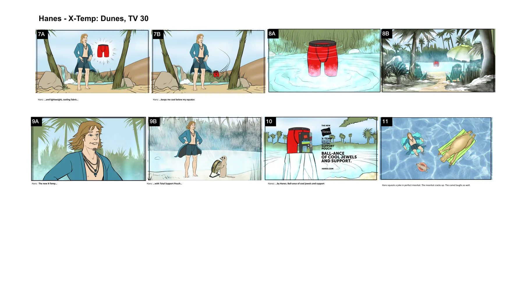 Second half of the color storyboard for the Hanes X-Temp Dunes thirty-second commercial