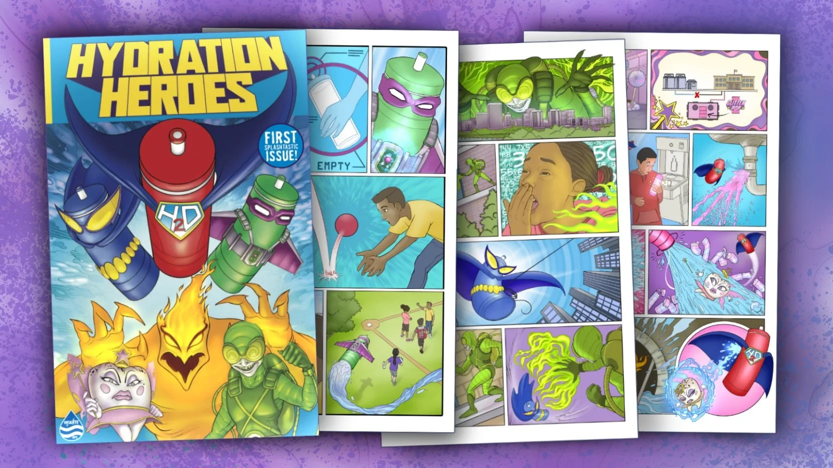 Hydration Heroes comic cover and interior pages arranged as a printed publication