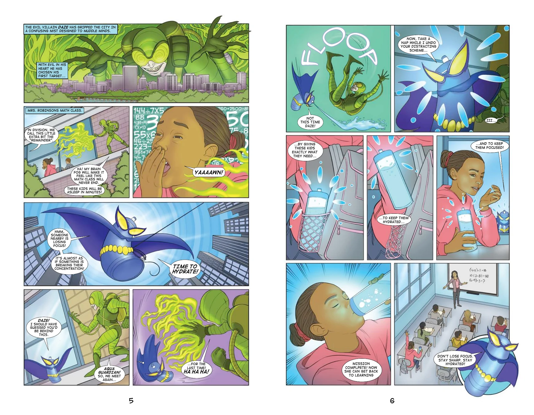 Finished Hydration Heroes comic spread featuring Aqua Guardian defeating Daze in a classroom