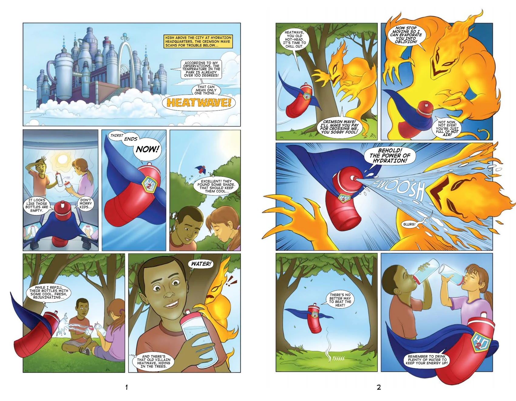 Finished Hydration Heroes comic spread featuring Crimson Wave battling Heat Wave in a park