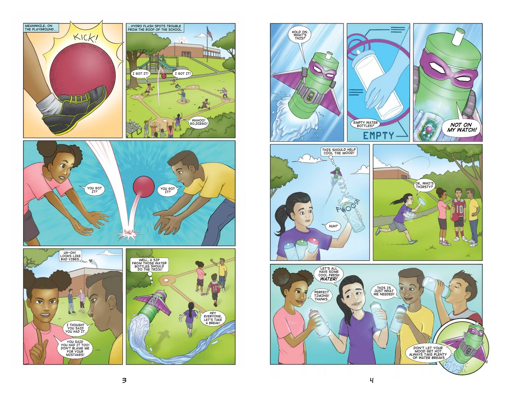 Finished Hydration Heroes comic spread featuring Hydro Flash helping children during a kickball game
