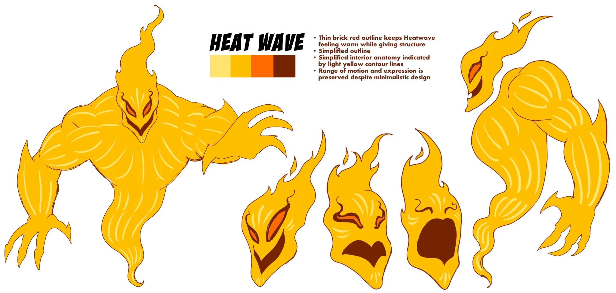 Heat Wave character design sheet showing poses, expressions, and color palette