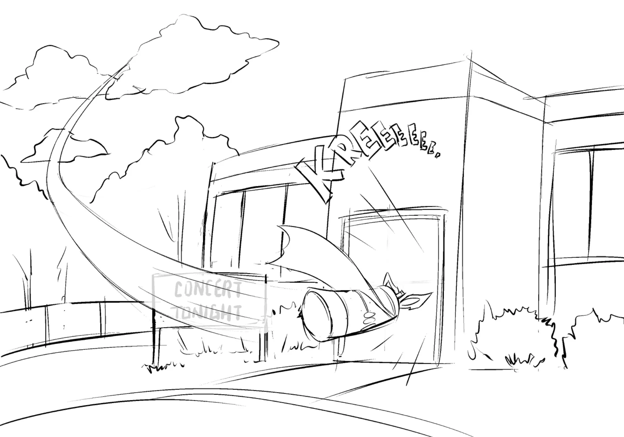 Rough panel showing a bottle hero flying from a school