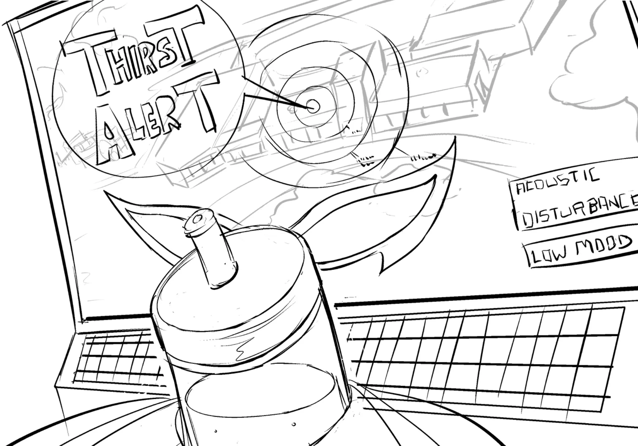 Rough panel showing a bottle hero receiving a thirst alert