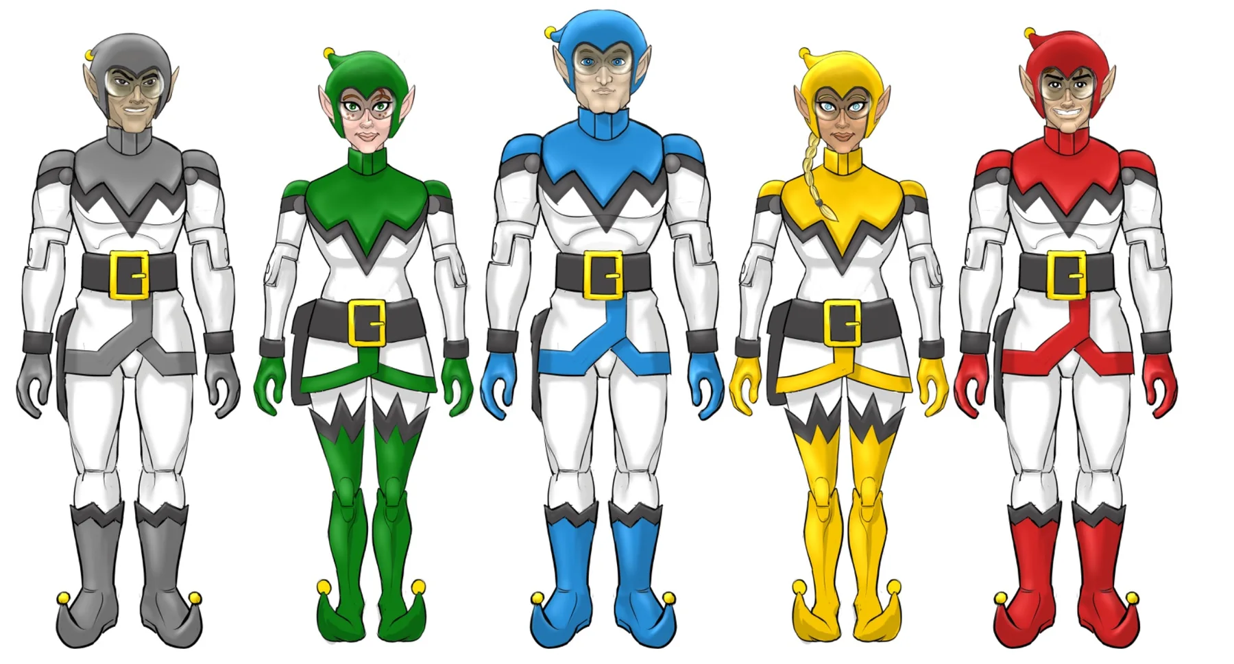 Five color-coded Elf Team action figure designs