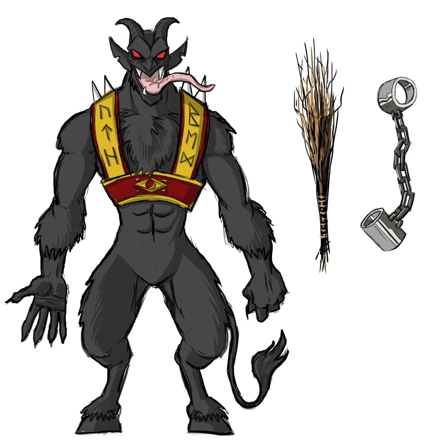 Krampus character design with switch weapon and chain accessory