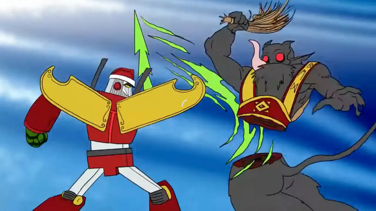 Kringlebot striking Krampus during battle
