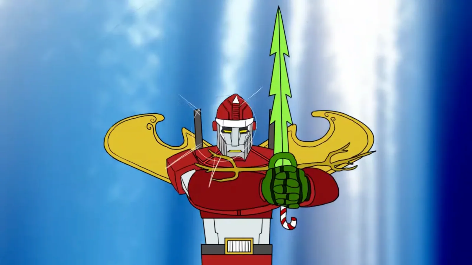 Kringlebot holding a glowing Christmas-tree sword