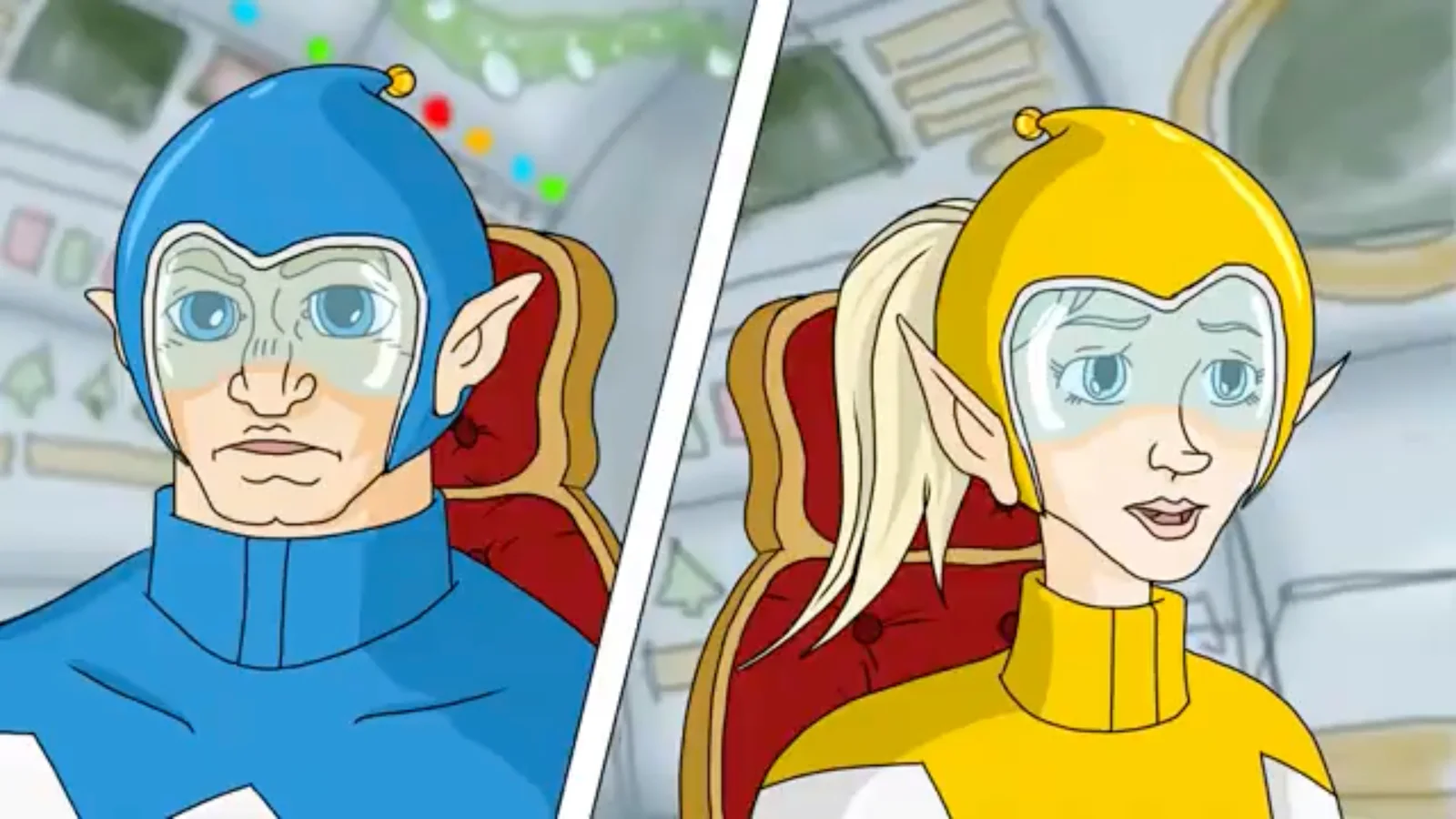 Blue and yellow Elf Team pilots inside a cockpit