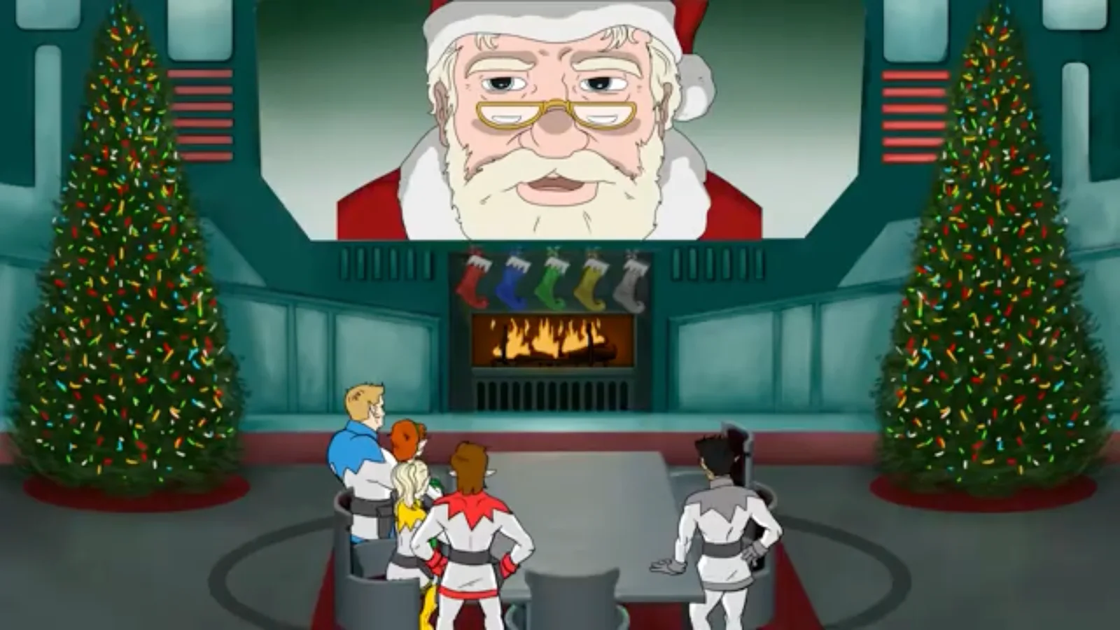 Santa briefing the Elf Team inside a Christmas command center