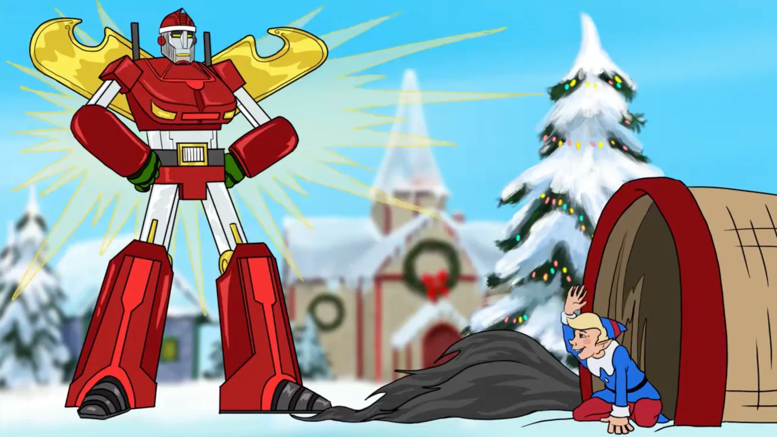 Kringlebot standing victorious beside an elf after defeating Krampus