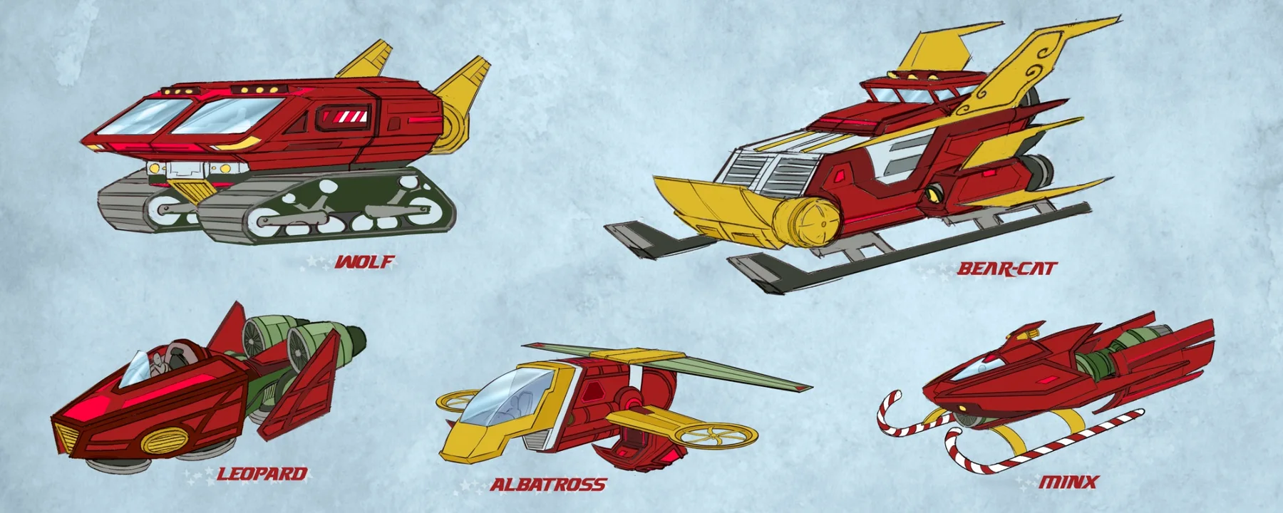 Five Elf Team Kringlebot snow vehicles arranged together