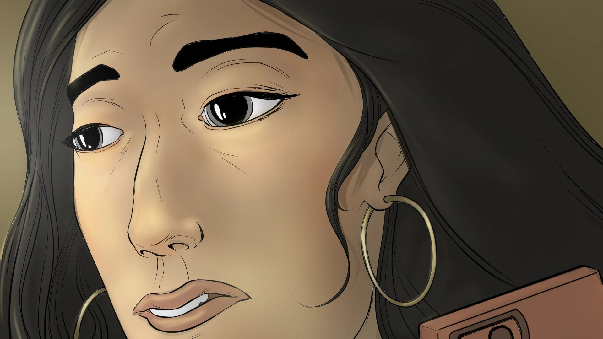 The woman's expression shifts as she waits