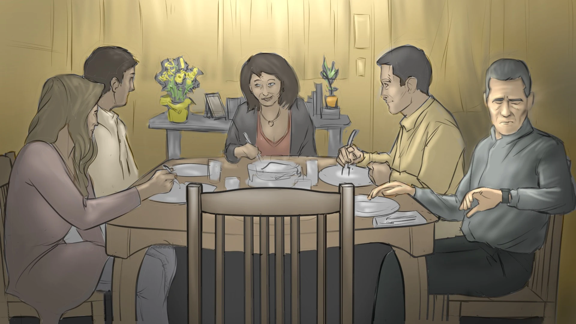 A multigenerational family waits around a dinner table