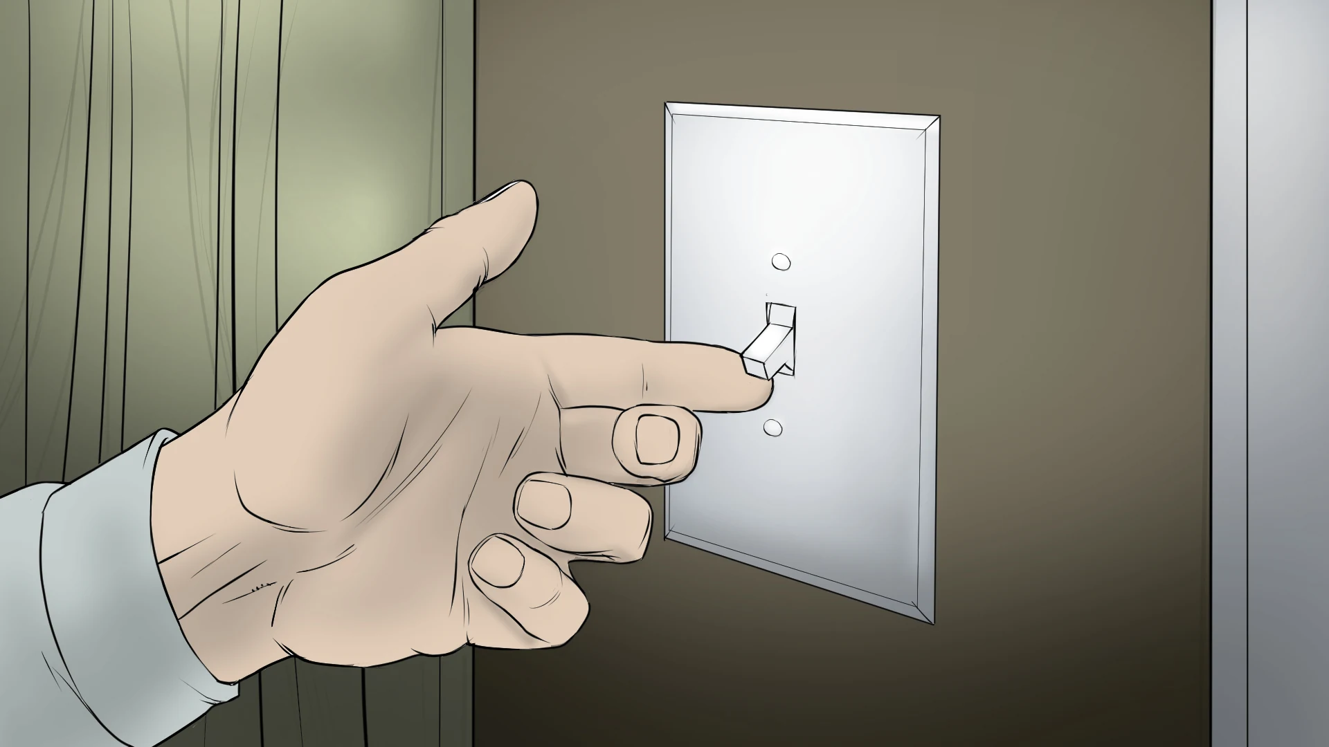 A hand switches on the porch light