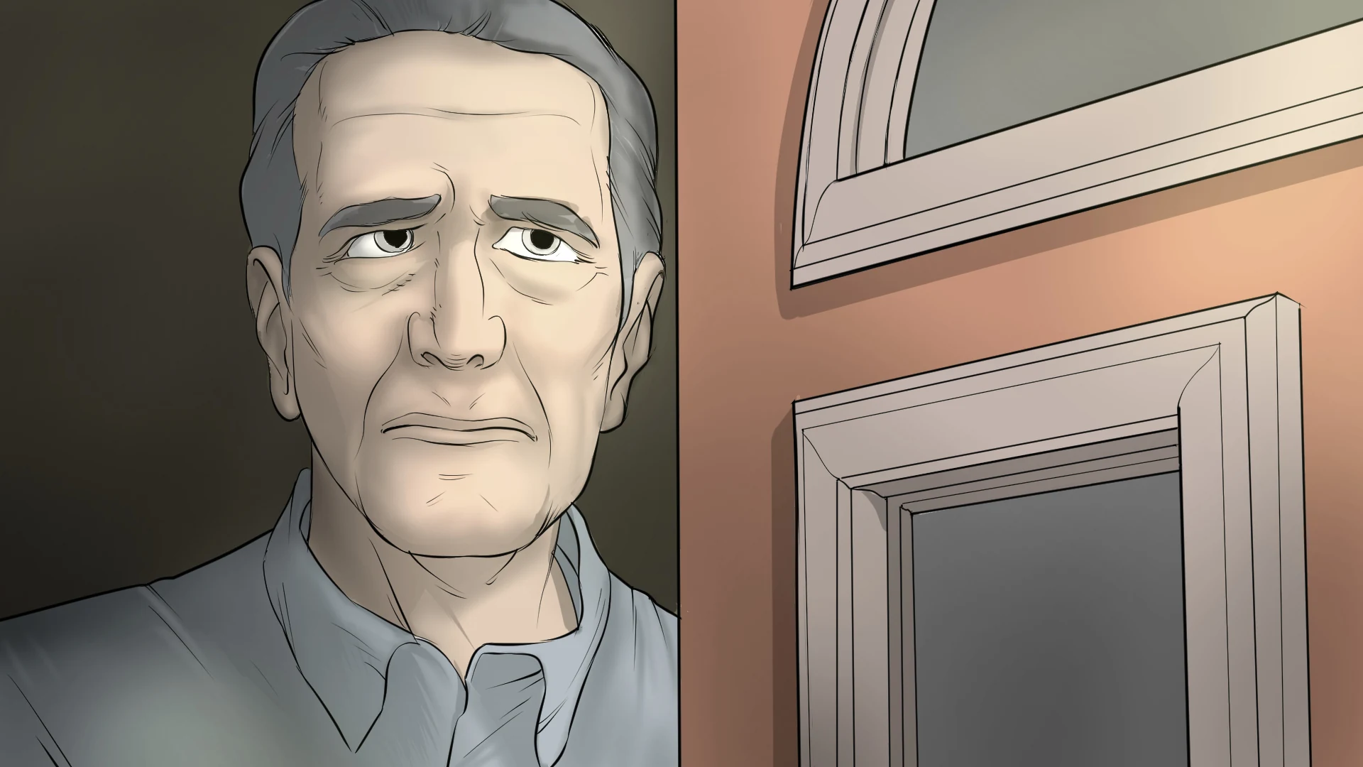 An older man looks outside with concern