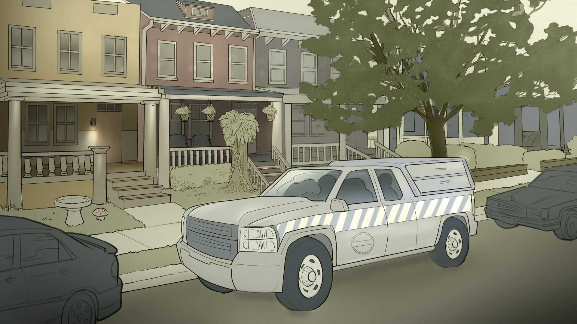 A work truck waits outside a row of houses